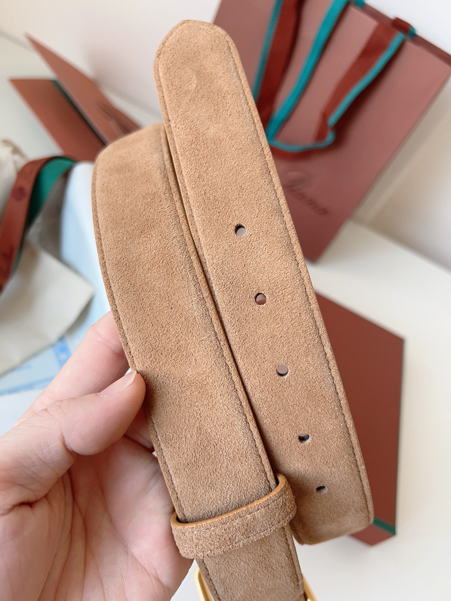 Loro Piana Suede Belt with Gold Buckle, Elegant Handmade Leather Belts for Women 6 i1742055404997 262 0 4