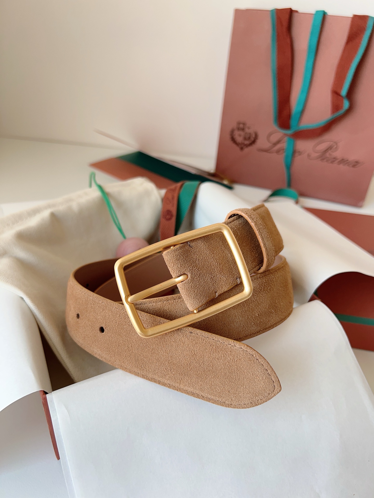 Loro Piana Suede Belt with Gold Buckle, Elegant Handmade Leather Belts for Women 2 i1742055405000 9302 0 0