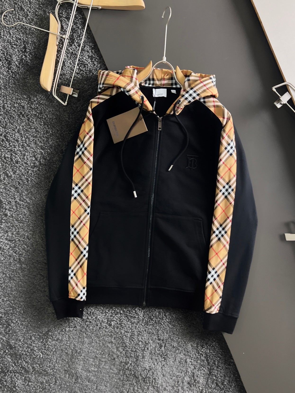 Burberry Men's Black Zip-Up Hoodie With Vintage Check Detail, Size Large