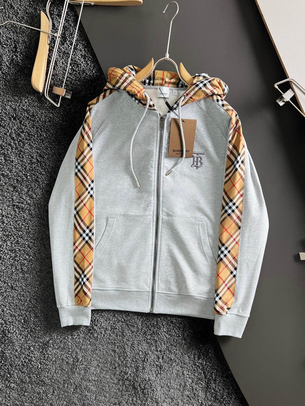 Burberry Men's Grey Full-Zip Hoodie with Signature Check Trim - Casual Comfort