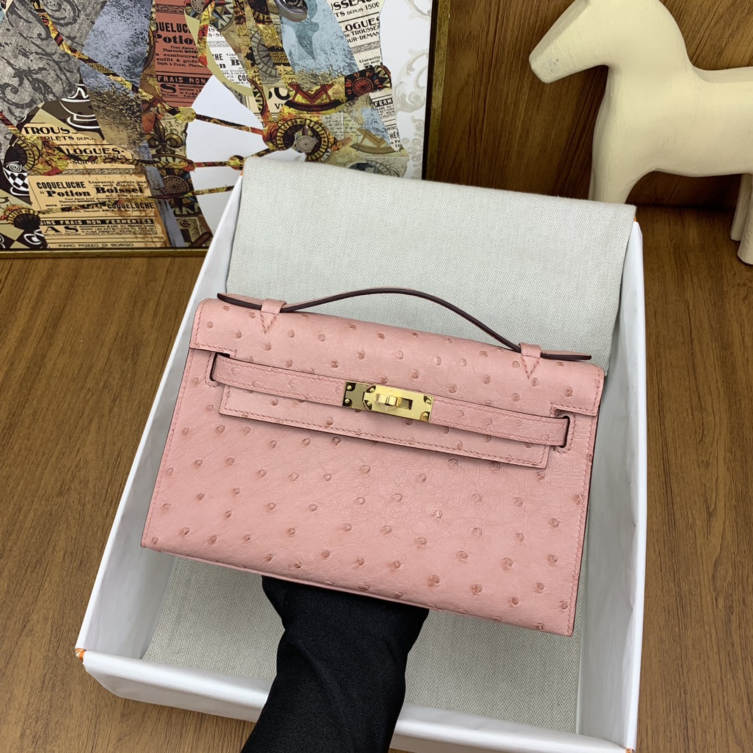 هيرميس Hermes Kelly حقيبة أكياس القابض حقيبة الكتف &حقيبة كروس بودي وردي الذهب الأجهزة صحيح النعام الجلد Pochette