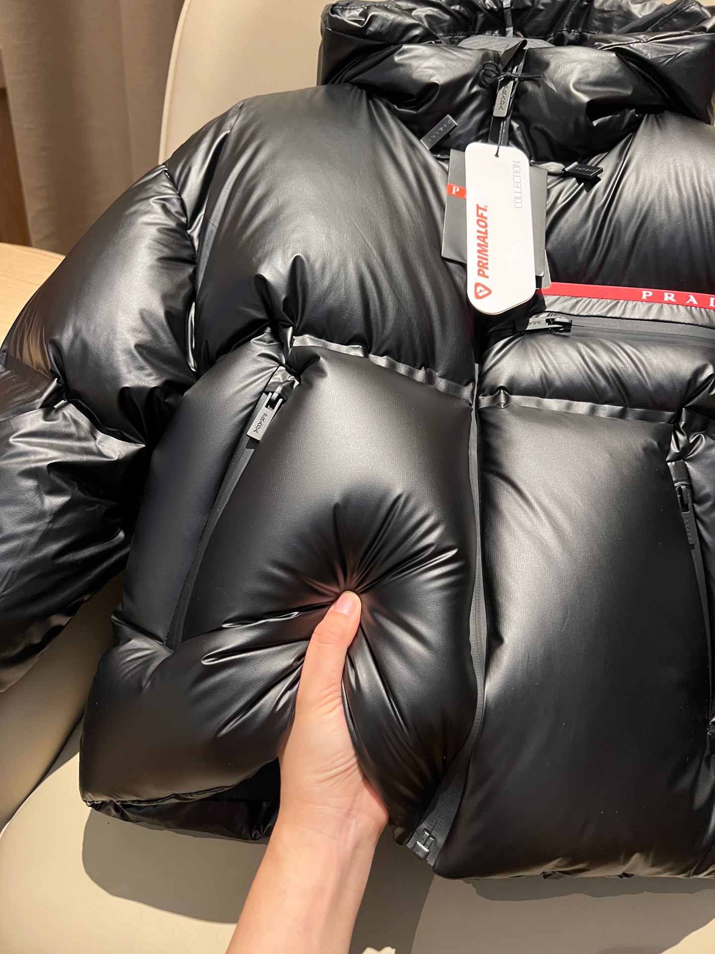 Prada short down jacket with hood, duck down, short style, two front pockets, sizes S to L.-Big cat