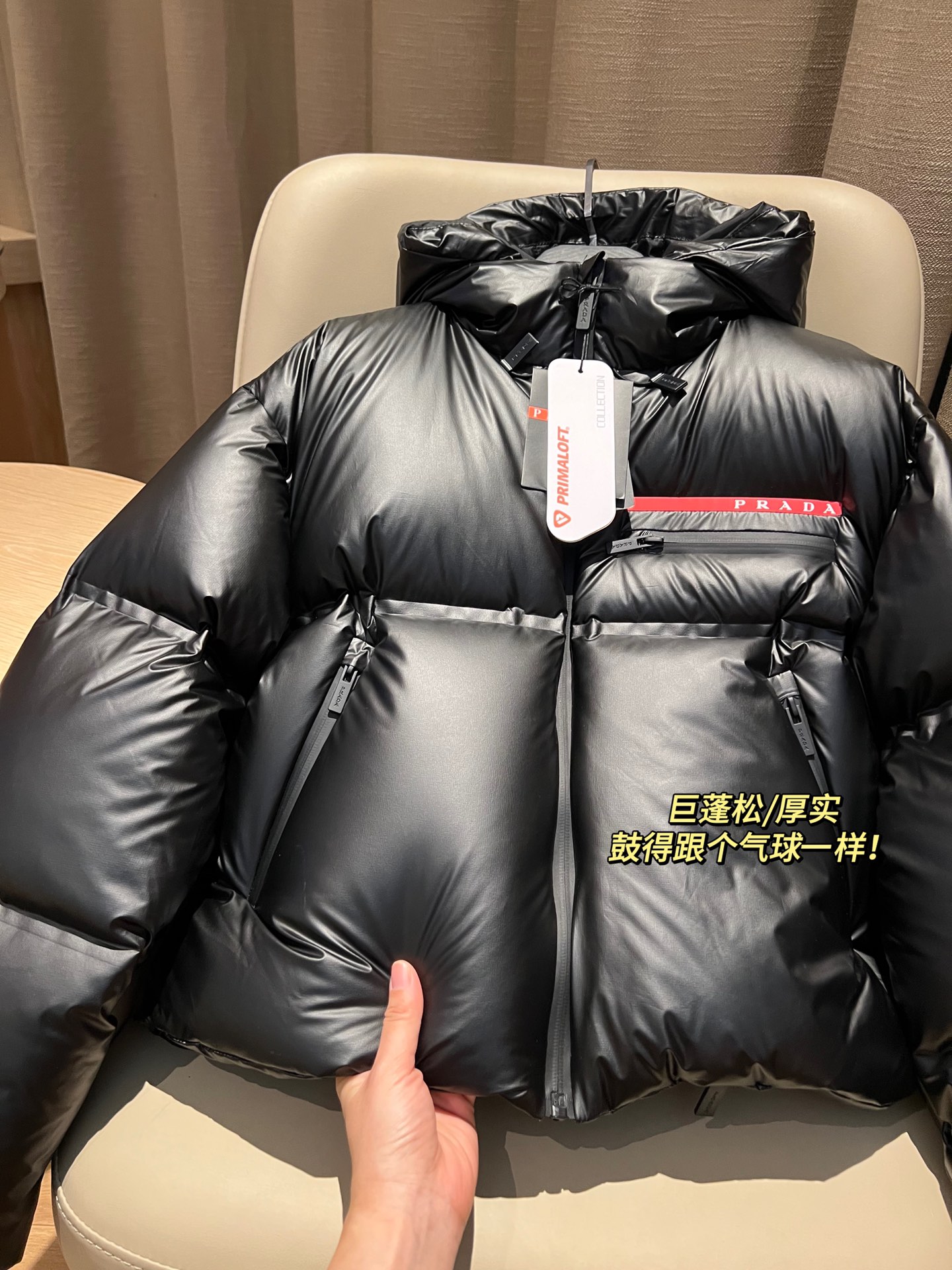 Prada short down jacket with hood, duck down, short style, two front pockets, sizes S to L.-Big cat
