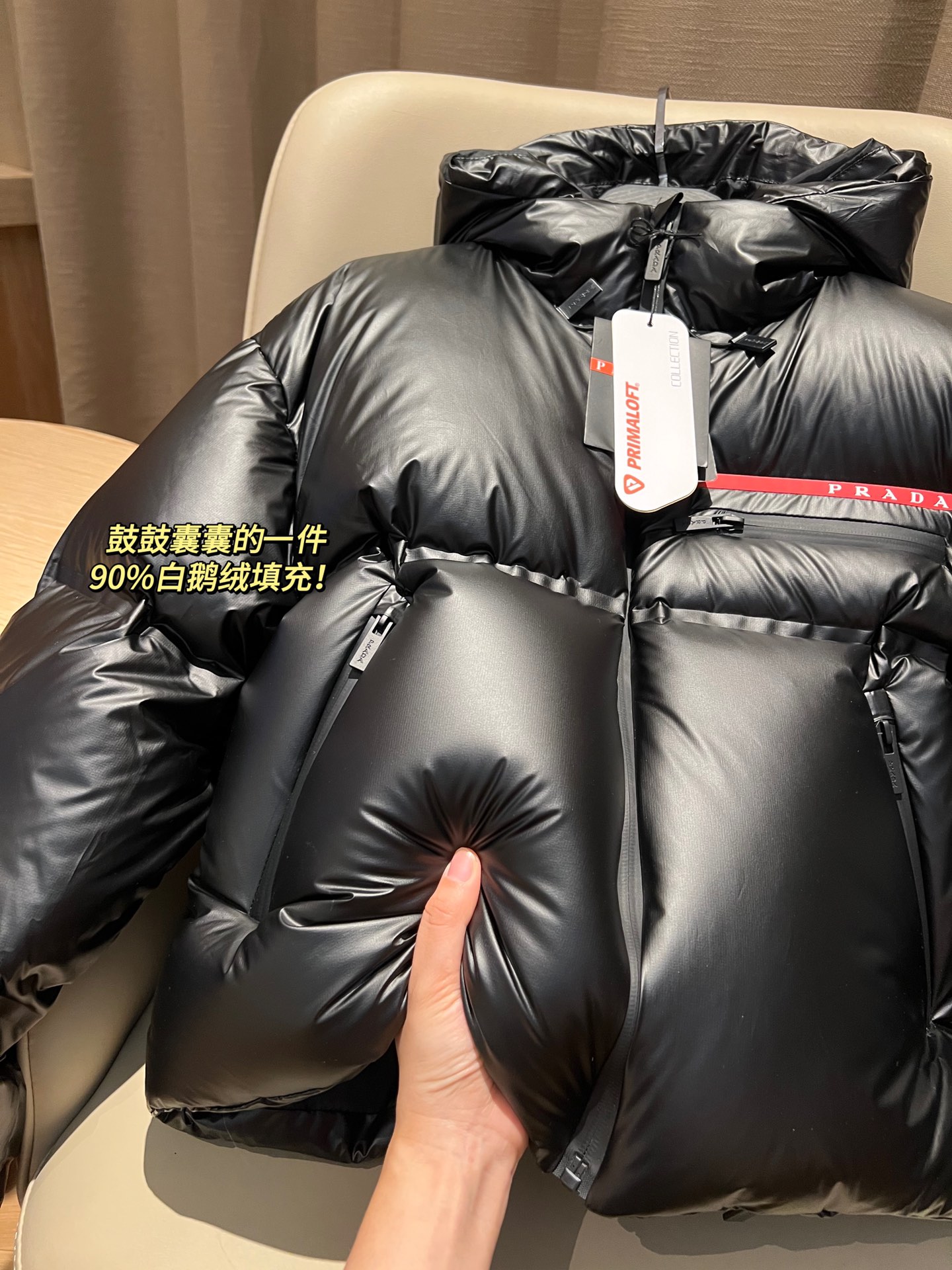 Prada short down jacket with hood, duck down, short style, two front pockets, sizes S to L.-Big cat