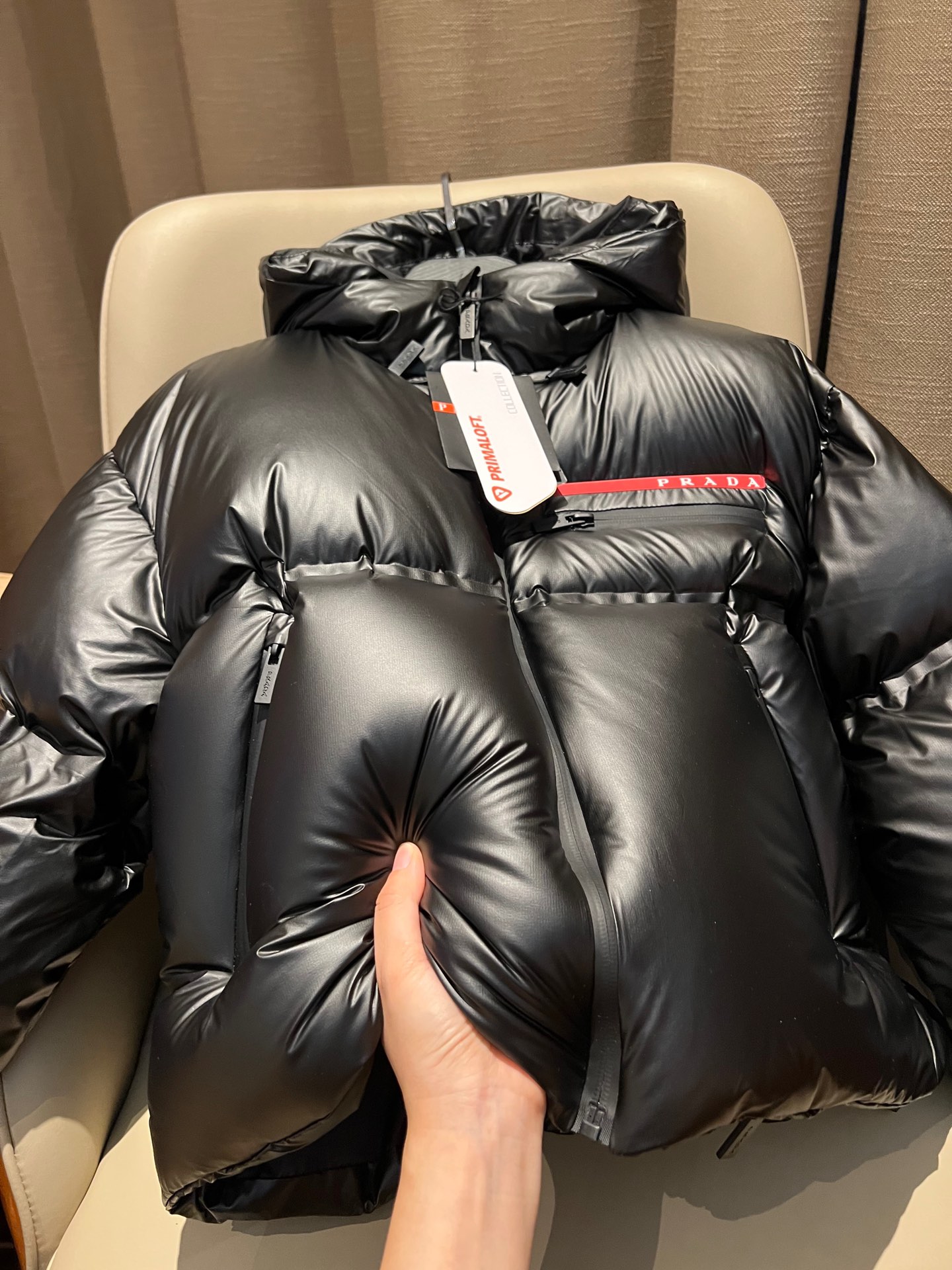 Prada short down jacket with hood, duck down, short style, two front pockets, sizes S to L.-Big cat