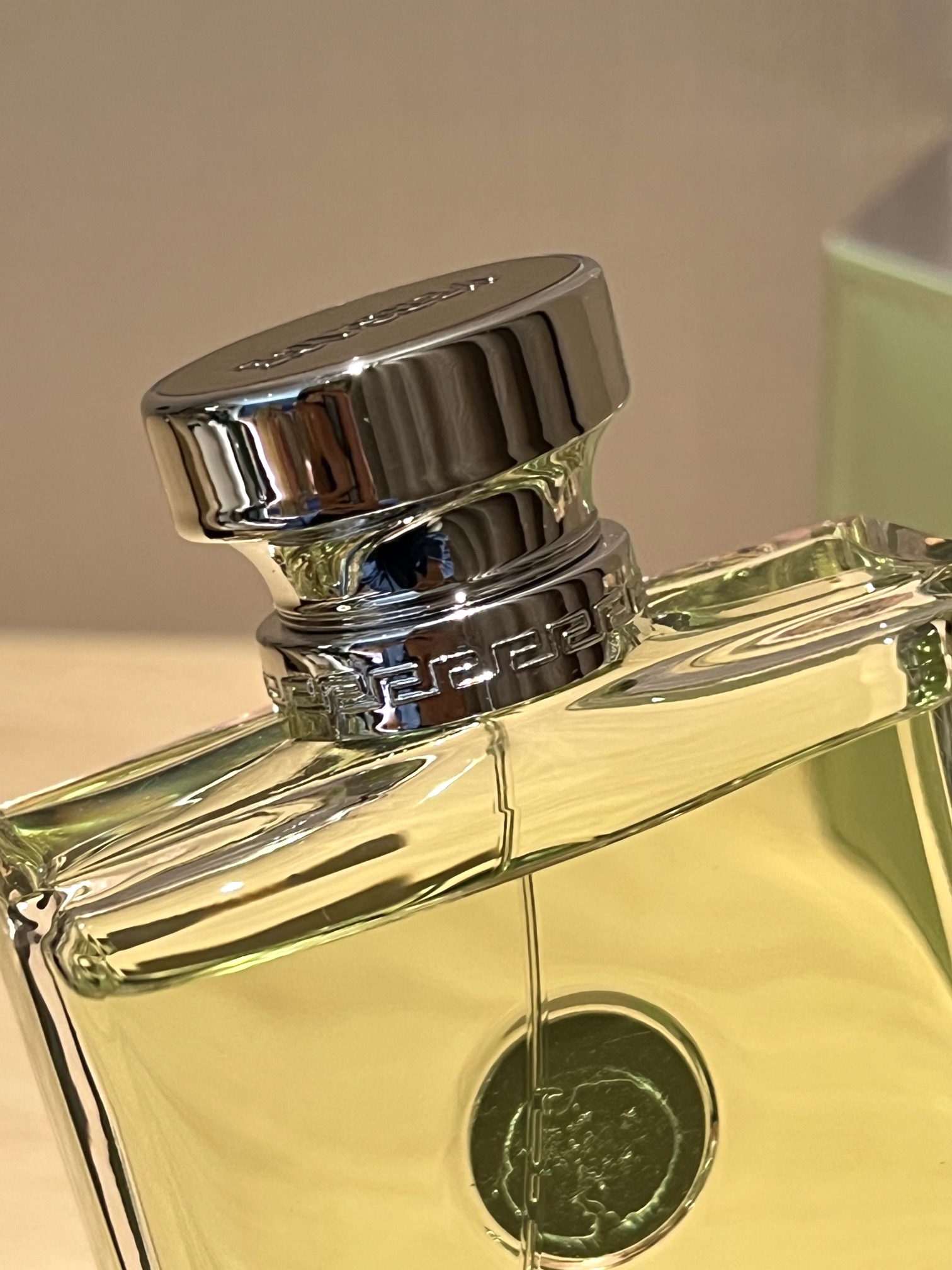 A polished silver-tone Versace logo is centered on the bottle - Comprehensive 6