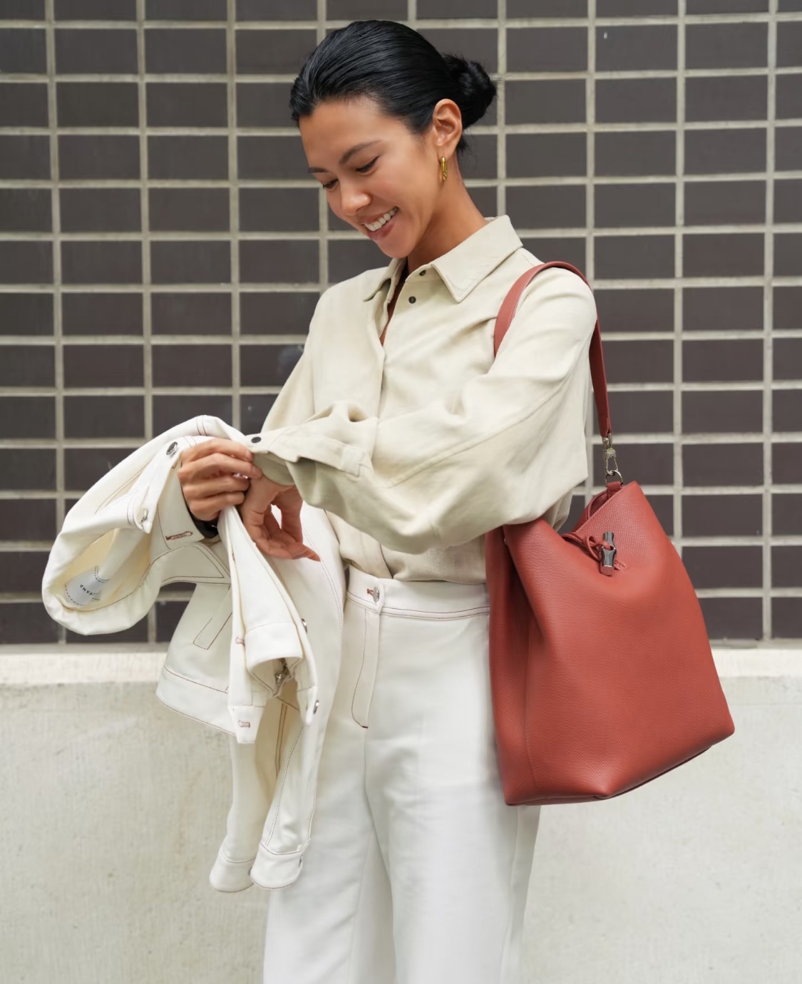 Longchamp Le Roseau Hobo Bag in reddish brown with white accents - Comprehensive 8