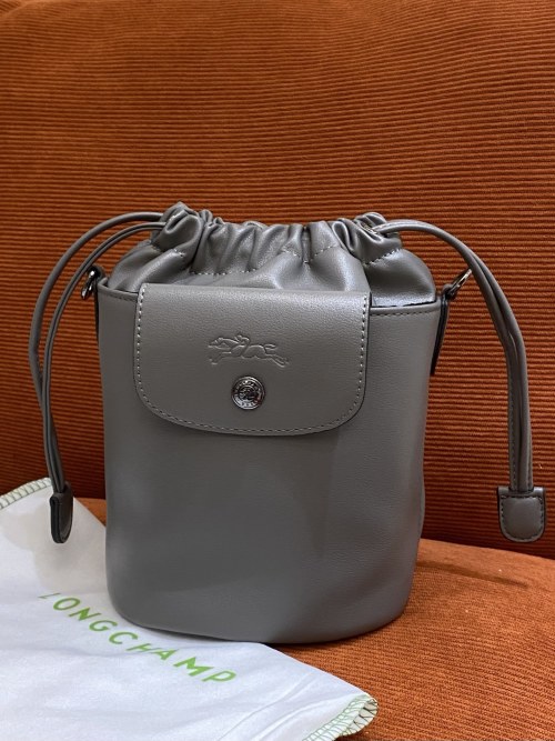 Longchamp Leather Bucket Bag - Stylish Drawstring Closure, Gray 1 Longchamp Leather Bucket Bag - Stylish Drawstring Closure, Gray