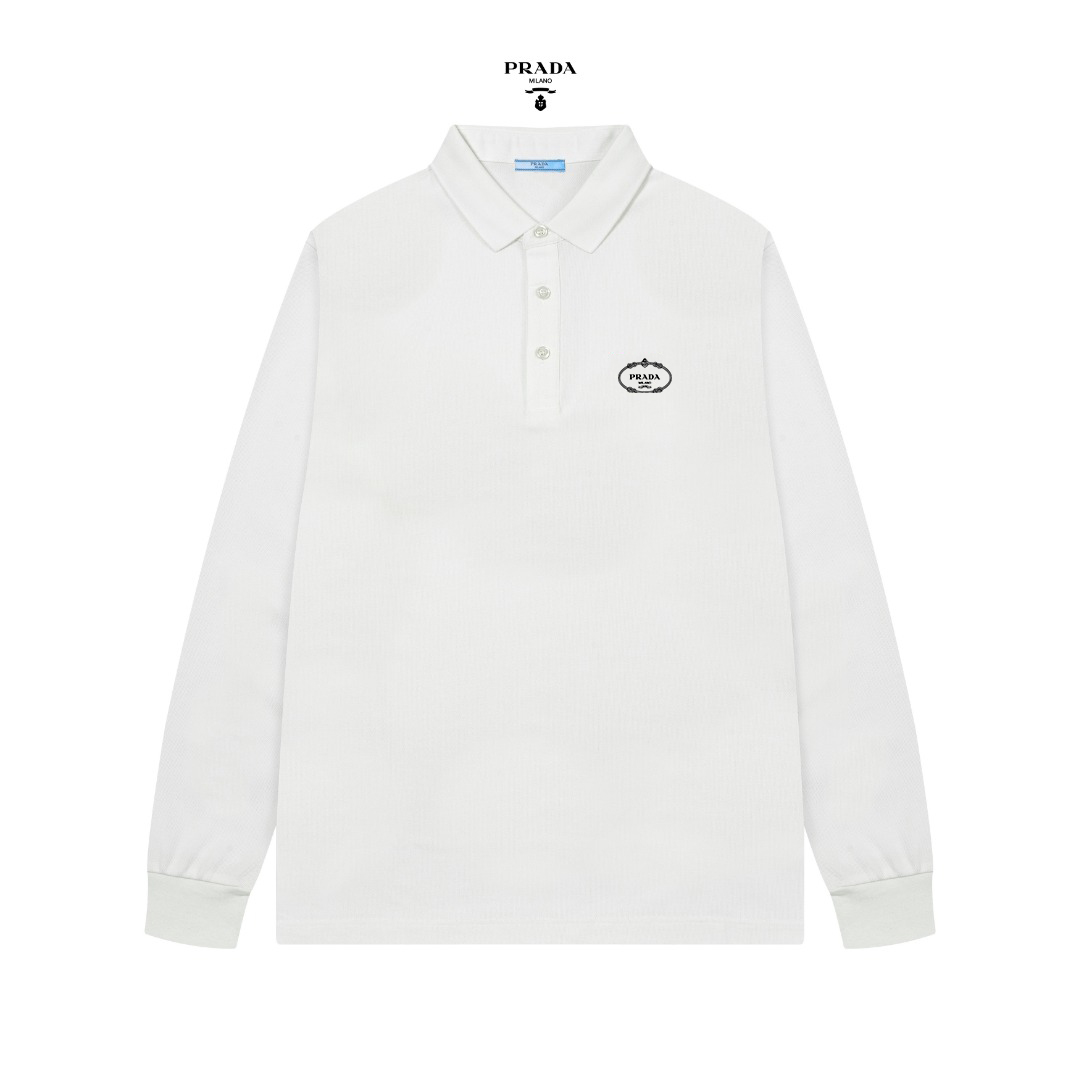 P115 Prada 普拉达 新品发售男士高端珠地棉商务休闲长袖翻领POLO衫，将轻熟优雅干练的路线发挥到极致，亦庄亦谐，胸前标志性LOGO属于灵魂式的点缀和延续，精致的经典呈现，有力标榜了品牌身份特质且丰富了视觉审美！ 客供高级进口成衣…