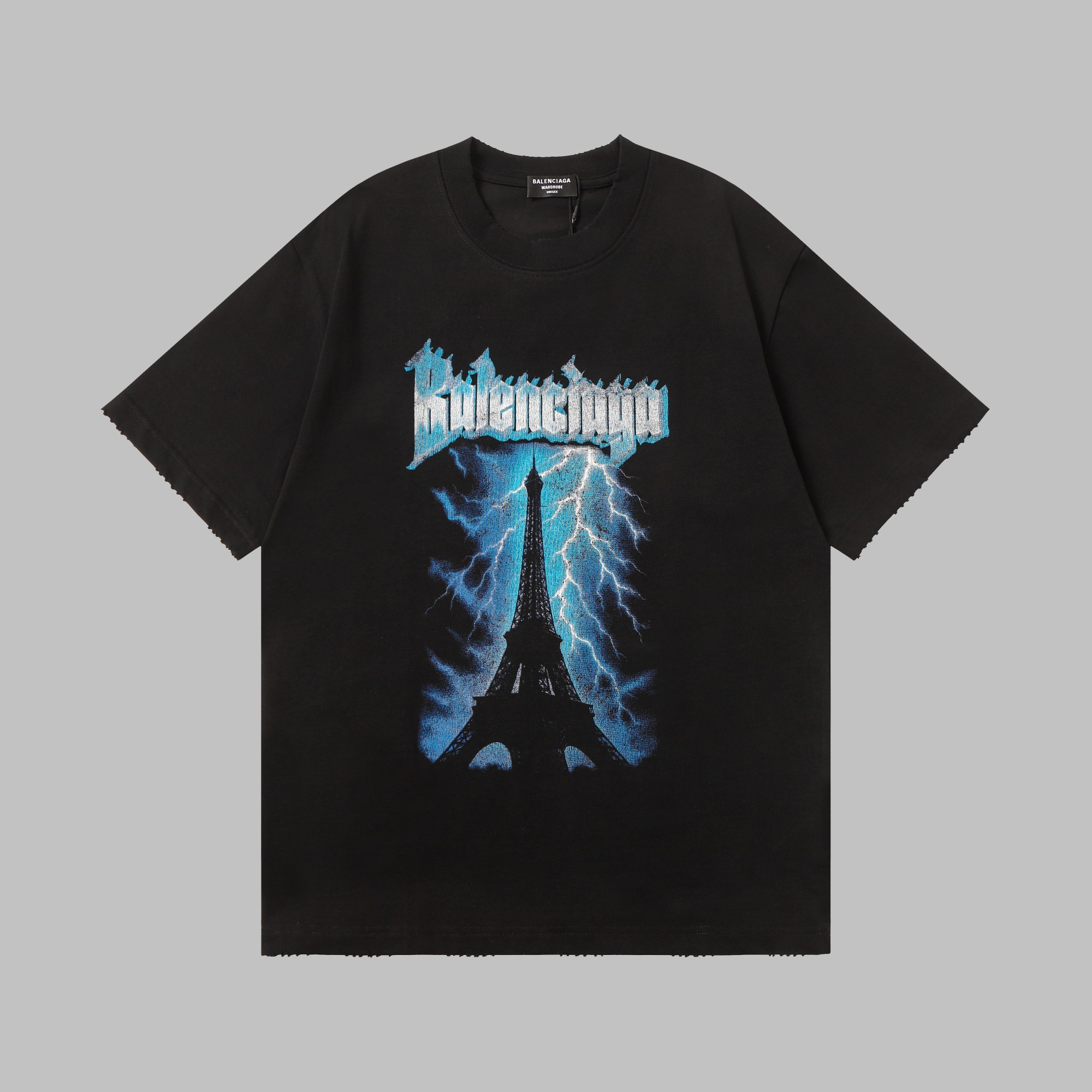 P90 Alta calidad 400g camiseta de manga corta de Balenciaga con estampado de rayo de la Torre Eiffel, borde desgastado,…