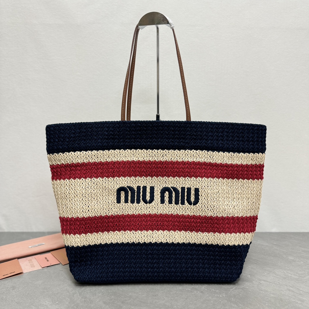 MiuMiu Bolsos de Tote Bordado Algodón Rafia Tejido de paja