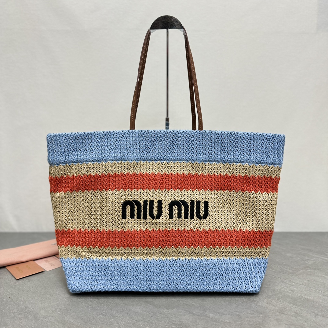 MiuMiu Bolsos de Tote Bordado Algodón Rafia Tejido de paja