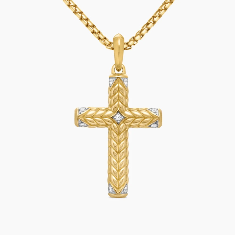 NO:879589,David Yurman golden chevron cross white diamond necklace. Chain thickness 3mm, length 50+5cm delay chain, jewelry boutique, necklace19860909David Yurman金色雪佛龙十字架 白钻项链.链条粗3mm,长度50+5cm延迟链,饰品精品,necklace,Jewelry