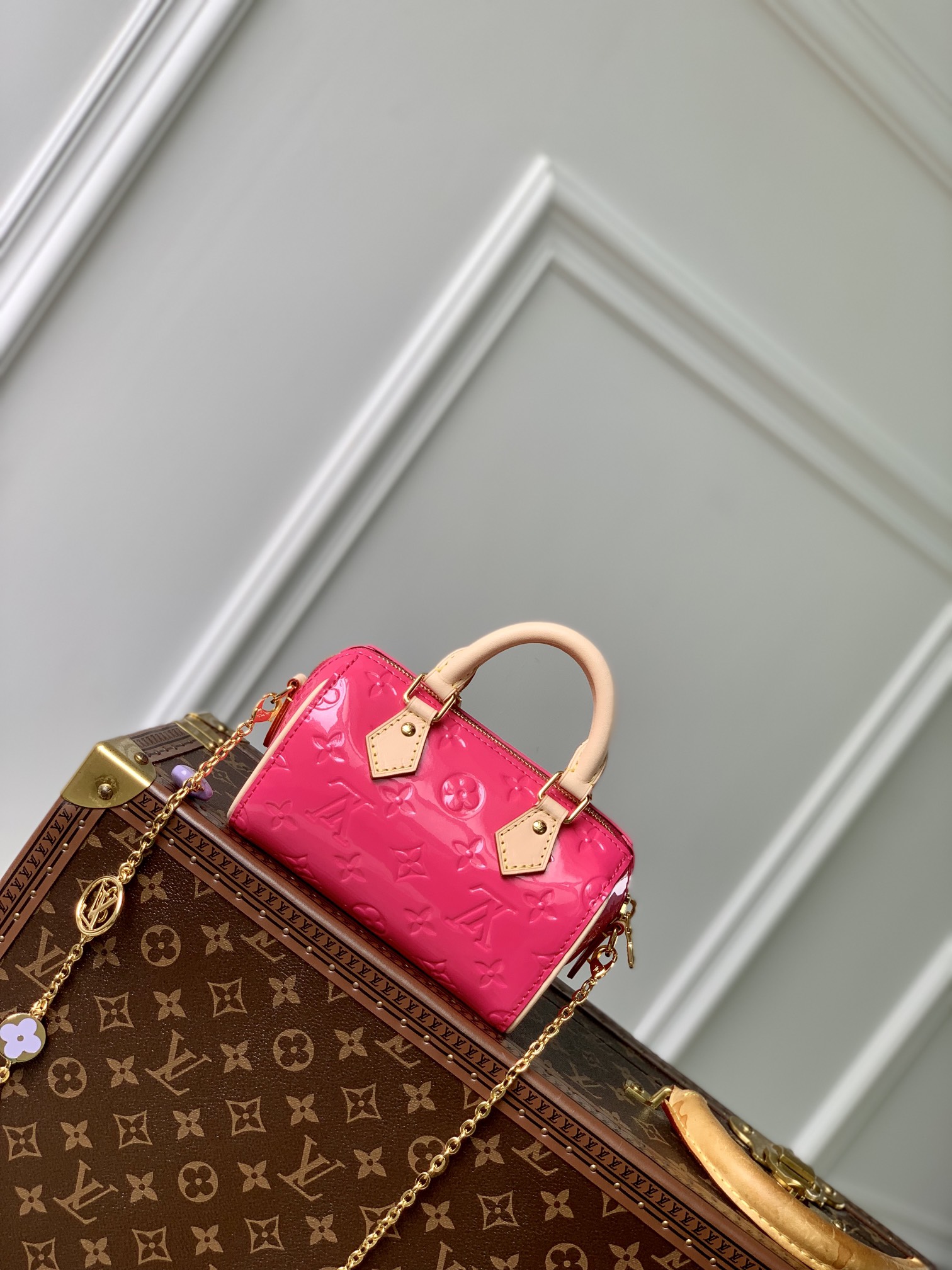 Hoge kwaliteit 1: 1 replica
 Louis Vuitton LV Speedy Tassen handtassen Reis Tas Goud Roze Rood Monogram Vernis Patentleer Mini M83000
