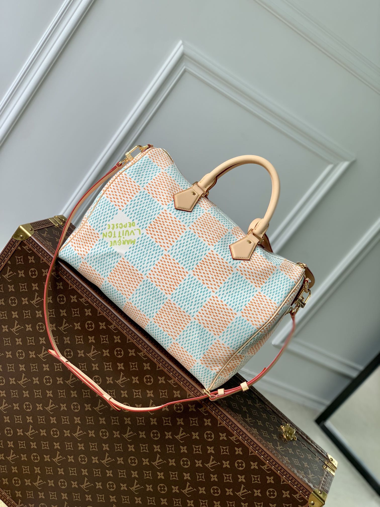 Louis Vuitton LV Speedy Bags Handbags Blue Grid Orange Cotton Cowhide Denim Spring/Summer Collection N40689