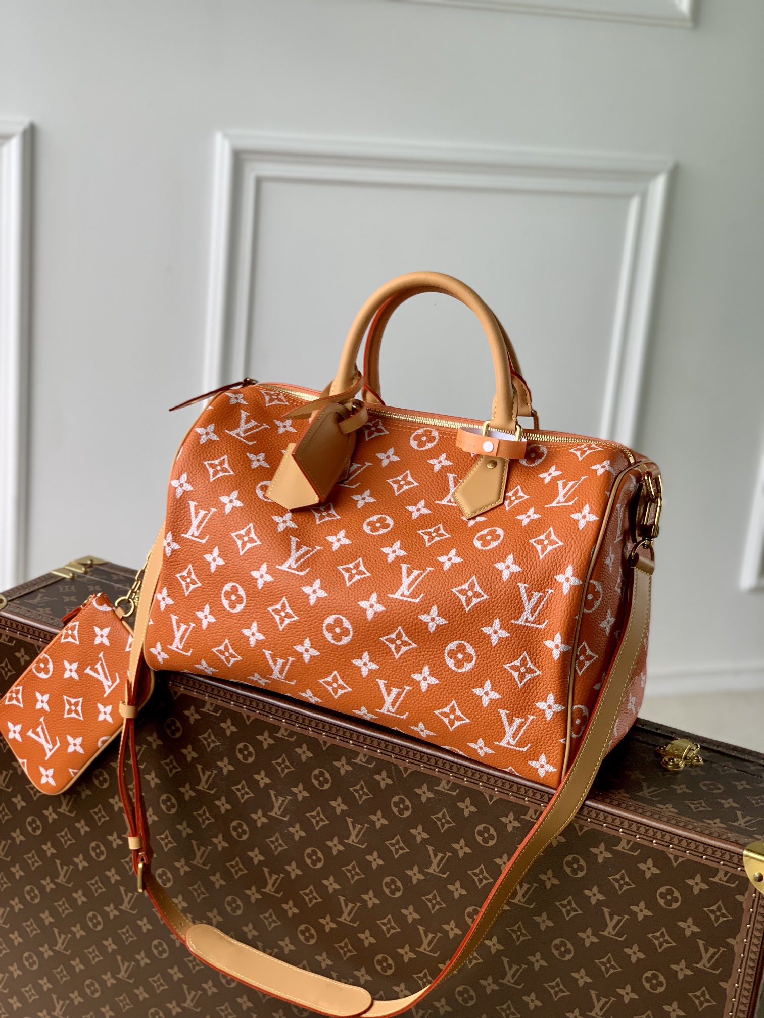 Louis Vuitton LV Speedy Tassen handtassen Oranje Afdrukken Canvas Koeienhuid Schapenvacht M24417