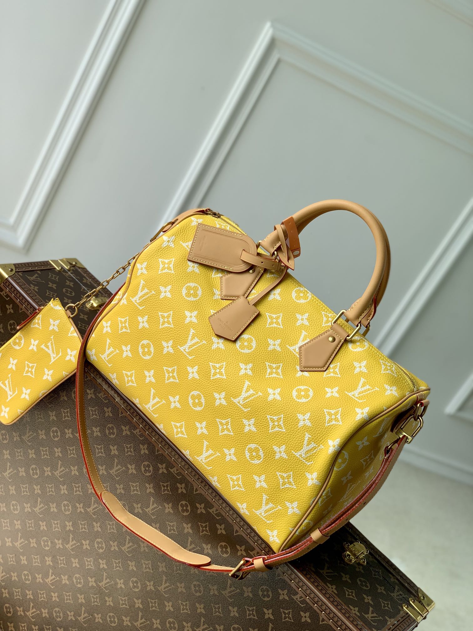 Louis Vuitton LV Speedy Tassen handtassen Geel Afdrukken Canvas Koeienhuid Schapenvacht M24419