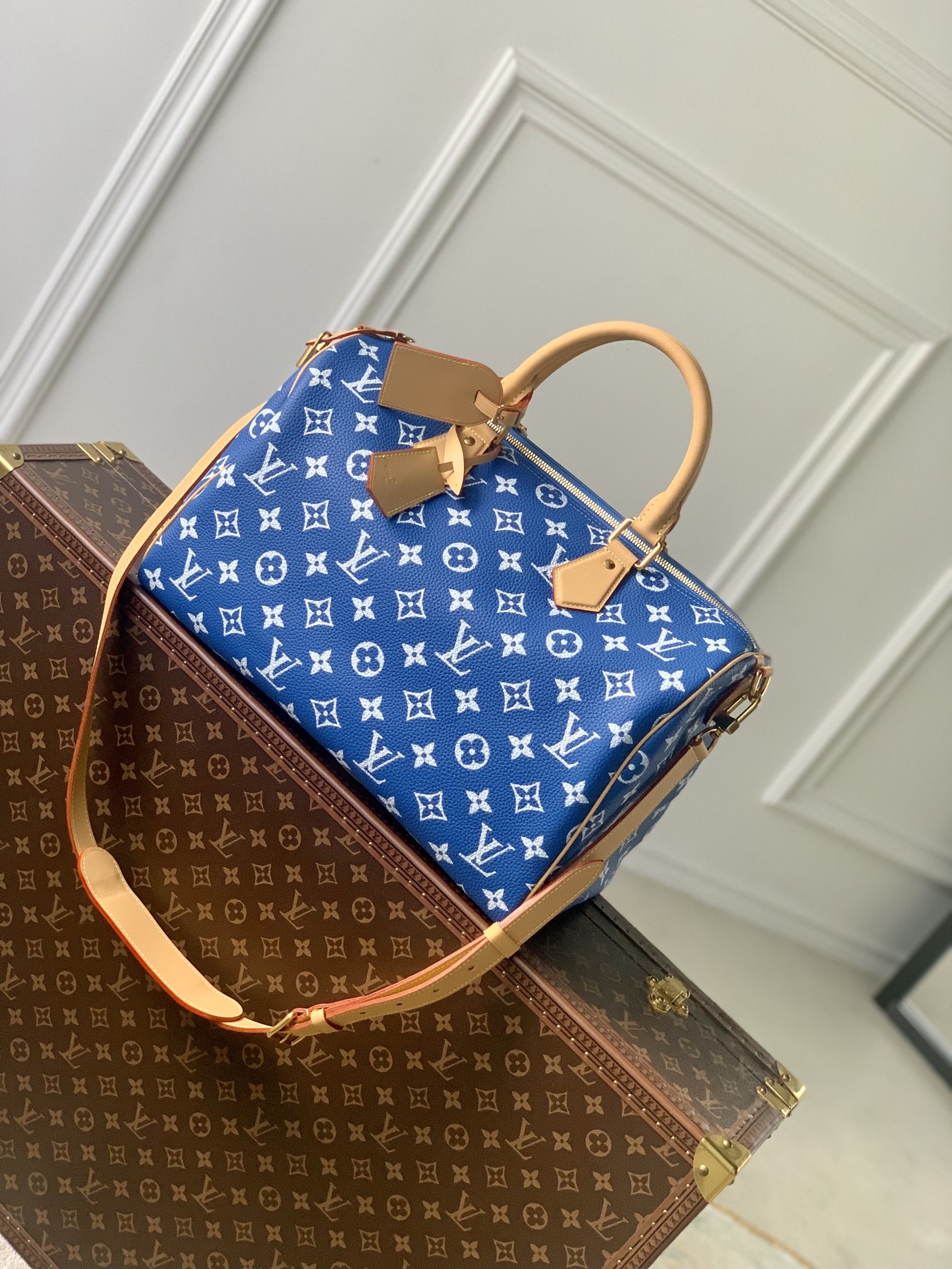 Louis Vuitton LV Speedy Hoog
 Tassen handtassen Beste knock -off
 Blauw Afdrukken Canvas Koeienhuid Schapenvacht M24418