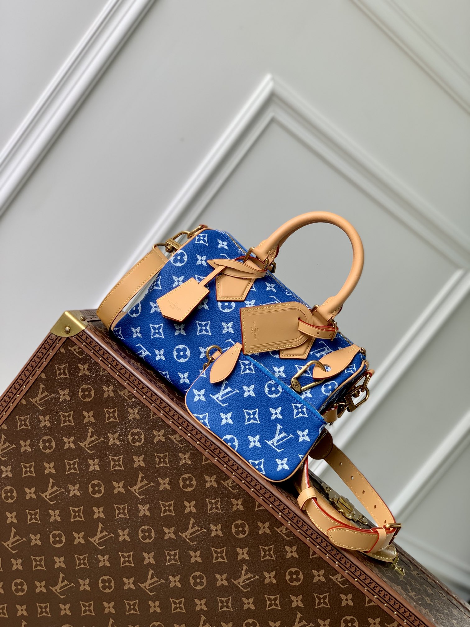 Unübertroffene Qualität
 Louis Vuitton LV Speedy Taschen Handtaschen Blau Drucken Leinwand Rindsleder Schaffell M24424