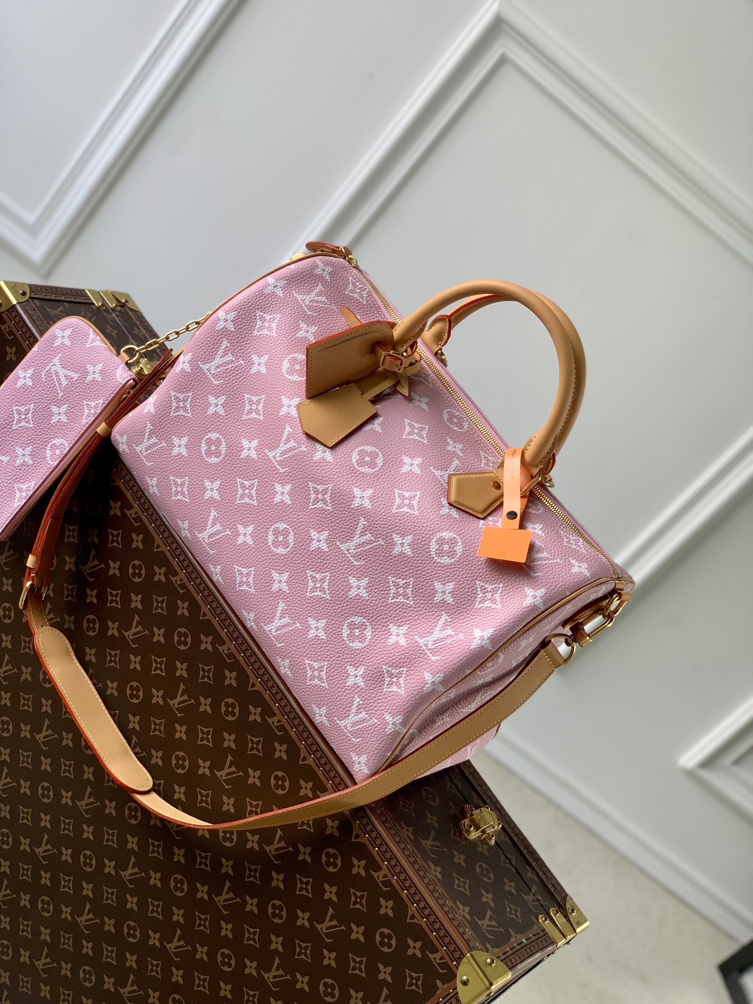 Louis Vuitton LV Speedy Tassen handtassen Roze Afdrukken Canvas Koeienhuid Schapenvacht M24417