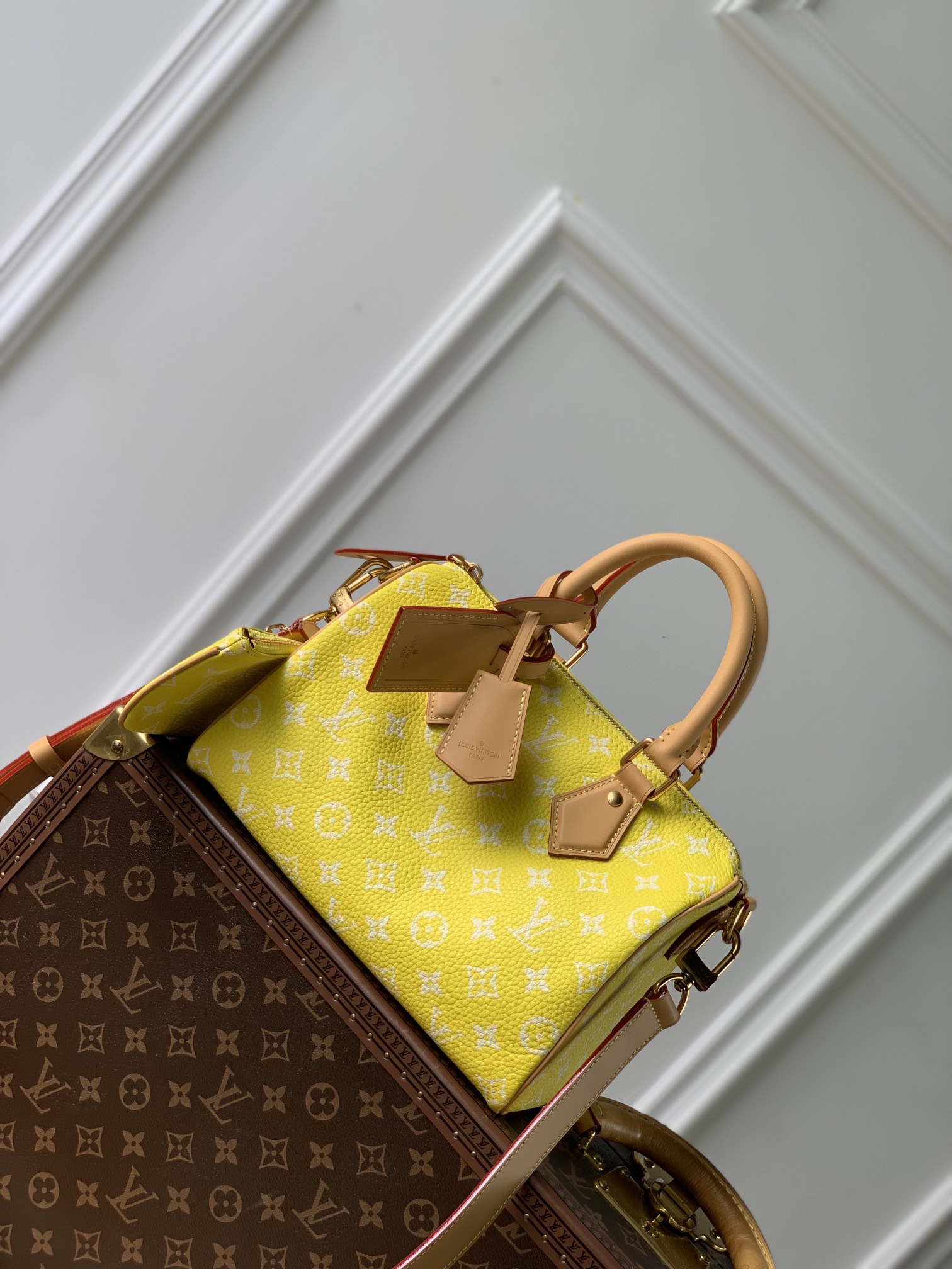Wat is de beste plek om replica te kopen
 Louis Vuitton LV Speedy Tassen handtassen Geel Afdrukken Canvas Koeienhuid Schapenvacht M24429