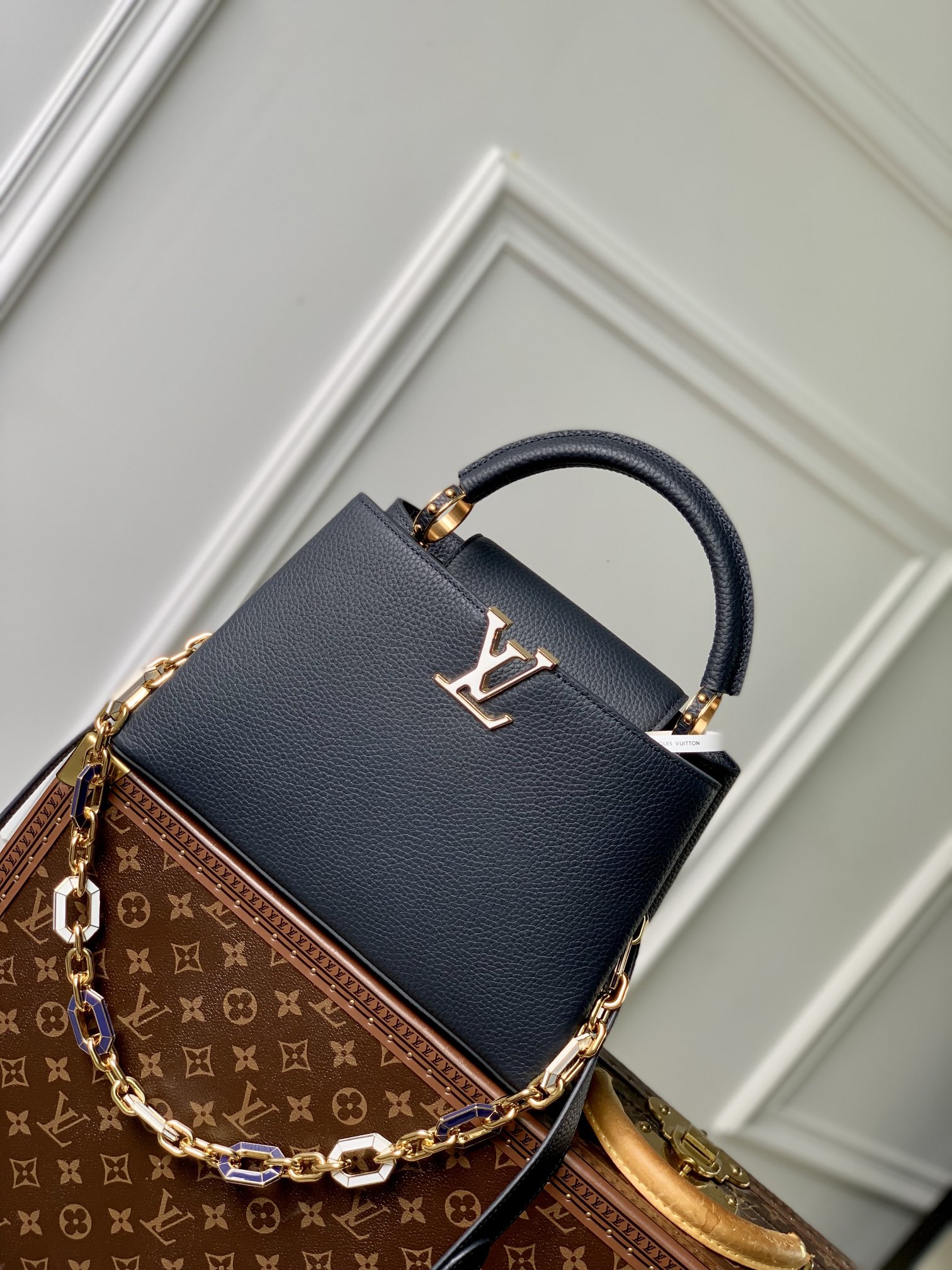 Louis Vuitton LV Capucines Bags Handbags Blue Dark Set With Diamonds Taurillon Cowhide Chains M24683