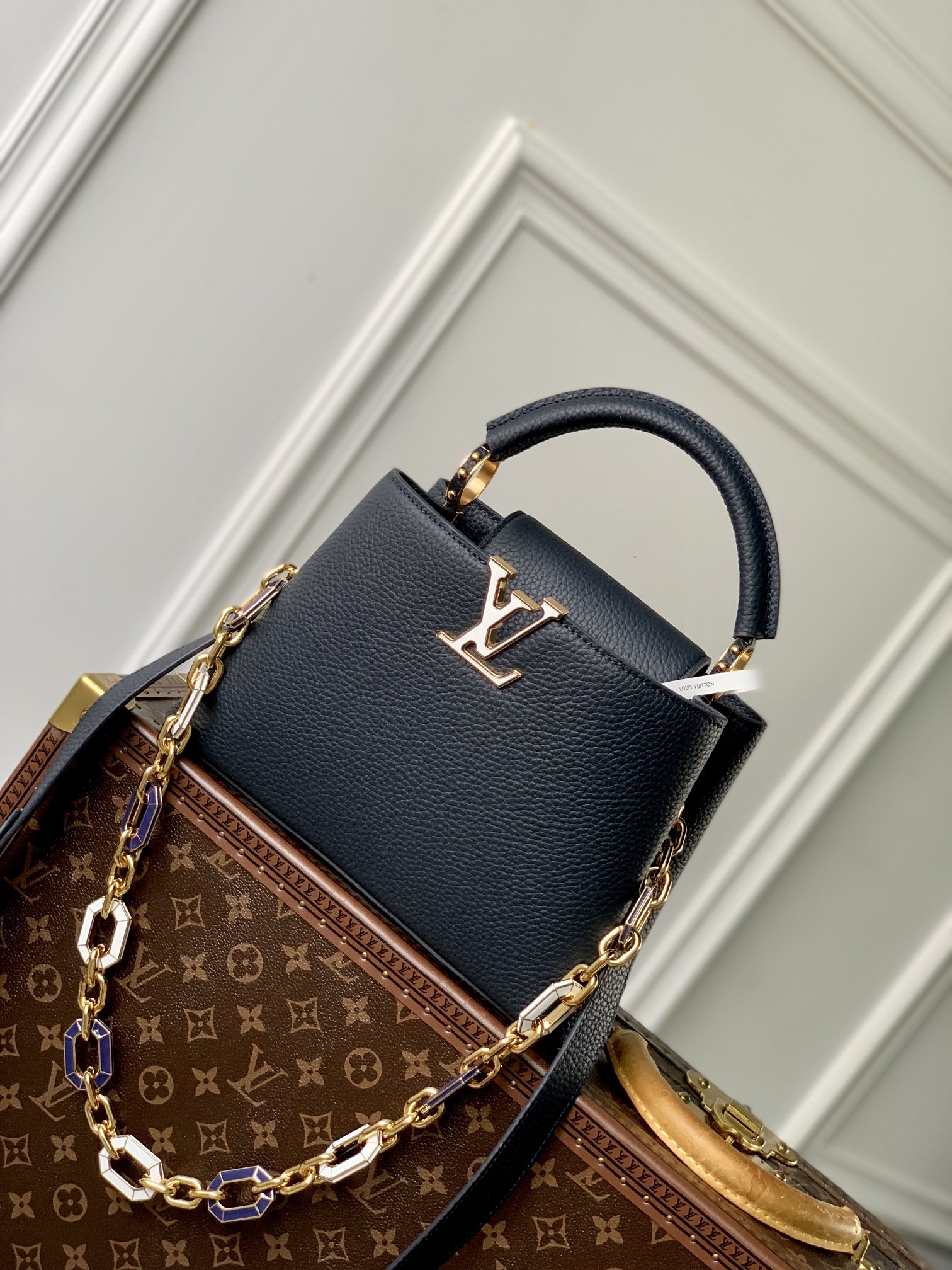 Louis Vuitton LV Capucines Bags Handbags Blue Dark Set With Diamonds Taurillon Cowhide Chains M24683