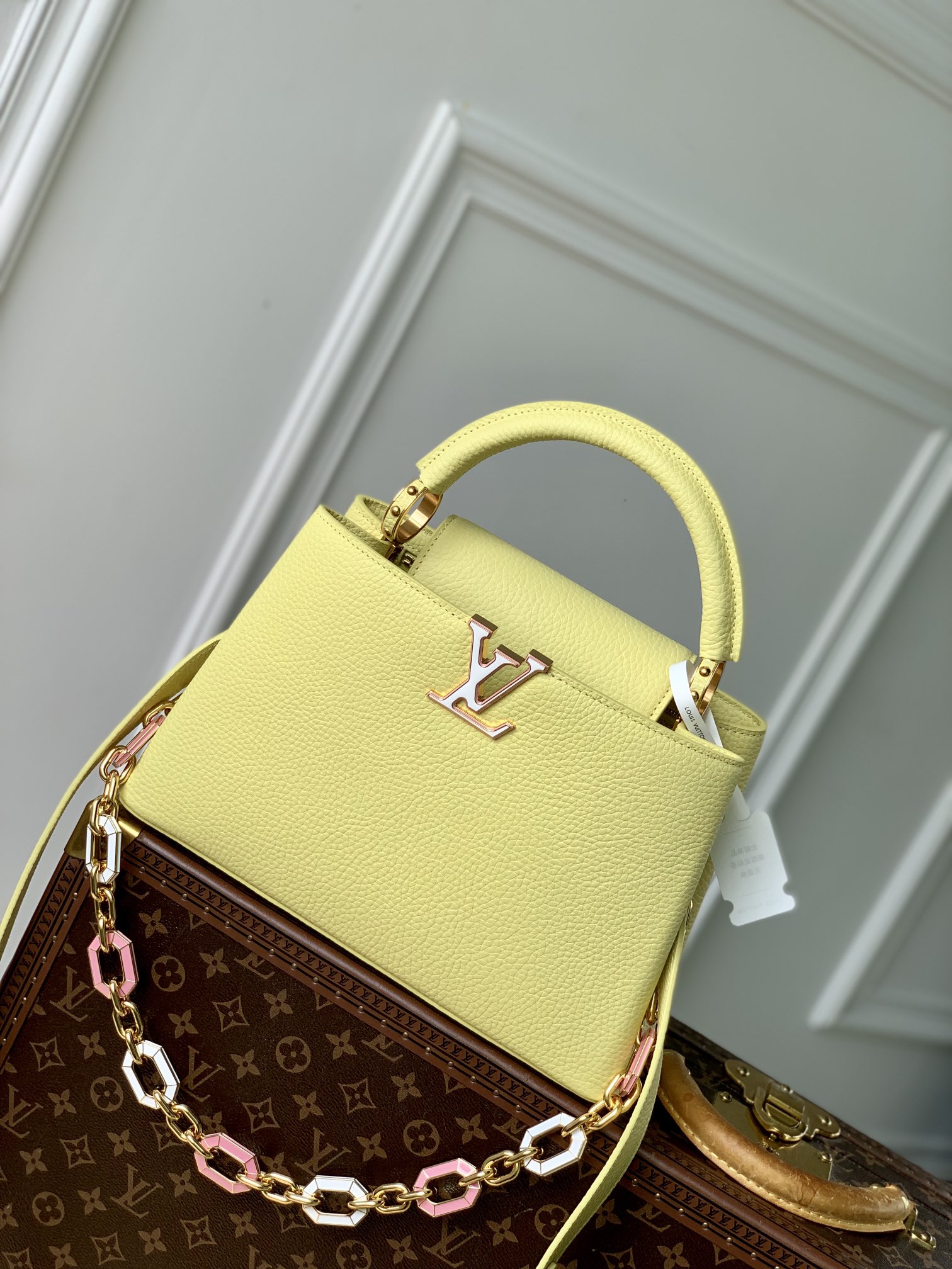 Where could you find a great quality designer
 Louis Vuitton LV Capucines Bags Handbags Lemon Yellow Set With Diamonds Taurillon Cowhide Chains M24683