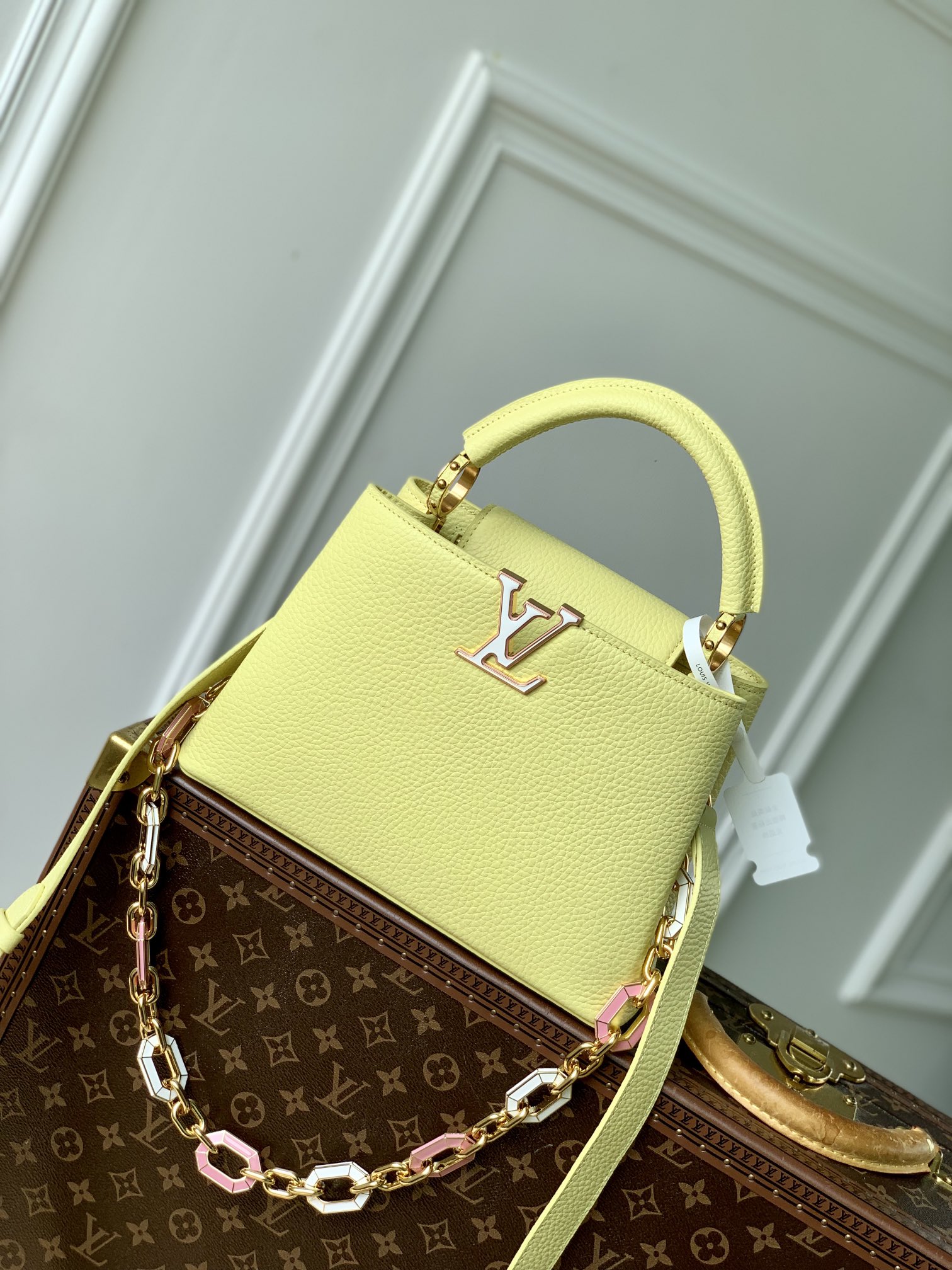 Louis Vuitton LV Capucines Bags Handbags Lemon Yellow Set With Diamonds Taurillon Cowhide Chains M24683