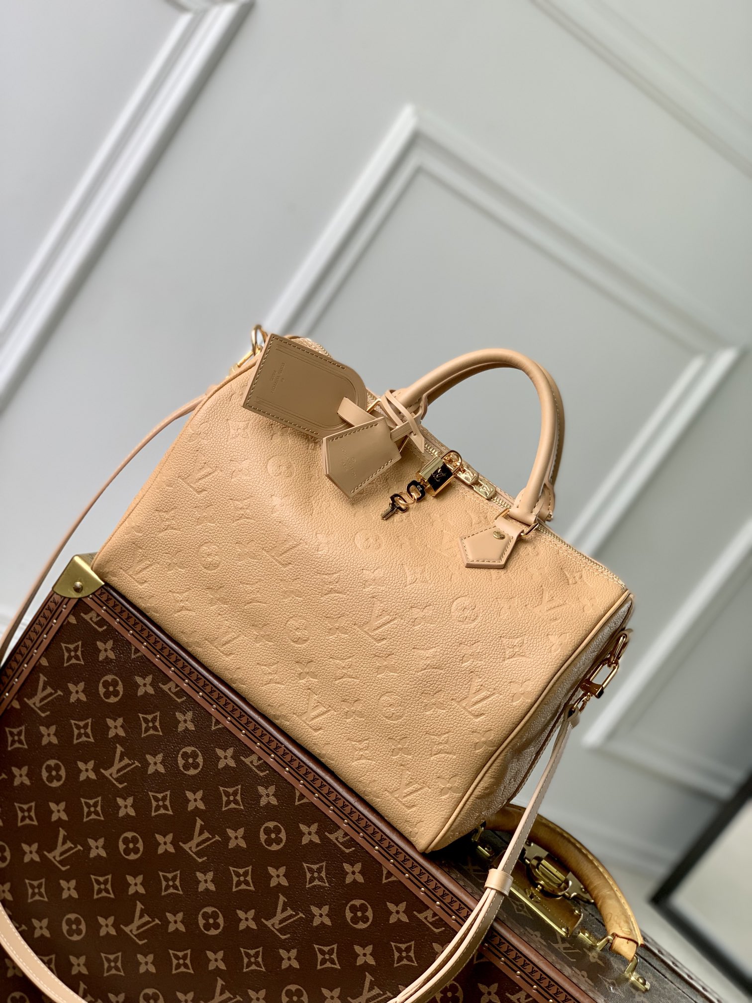 Online verkoop
 Louis Vuitton LV Speedy Tassen handtassen Abrikos kleur Empreinte​ Koeienhuid M11323