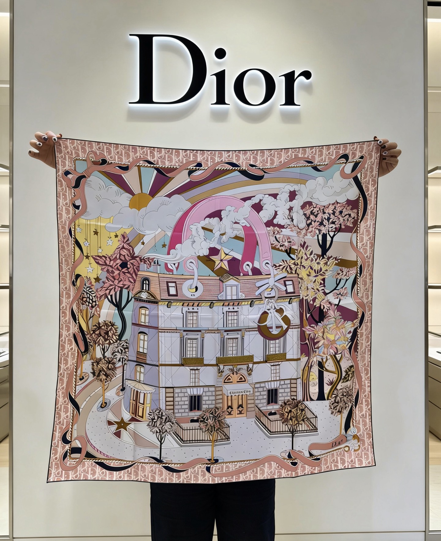new🌟 Dior 童话梦幻风米粉色城市建筑印花方巾把巴黎的春日梦境，系在颈间• 材质：100%真丝斜纹