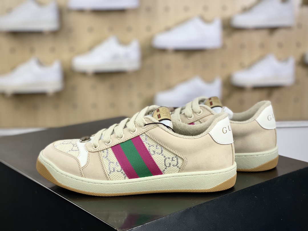 古驰Gucci Screener GG Sneaker Low 经典原型系列板鞋“皮革米白粉绿GG金银丝线”577684 2C830 9150