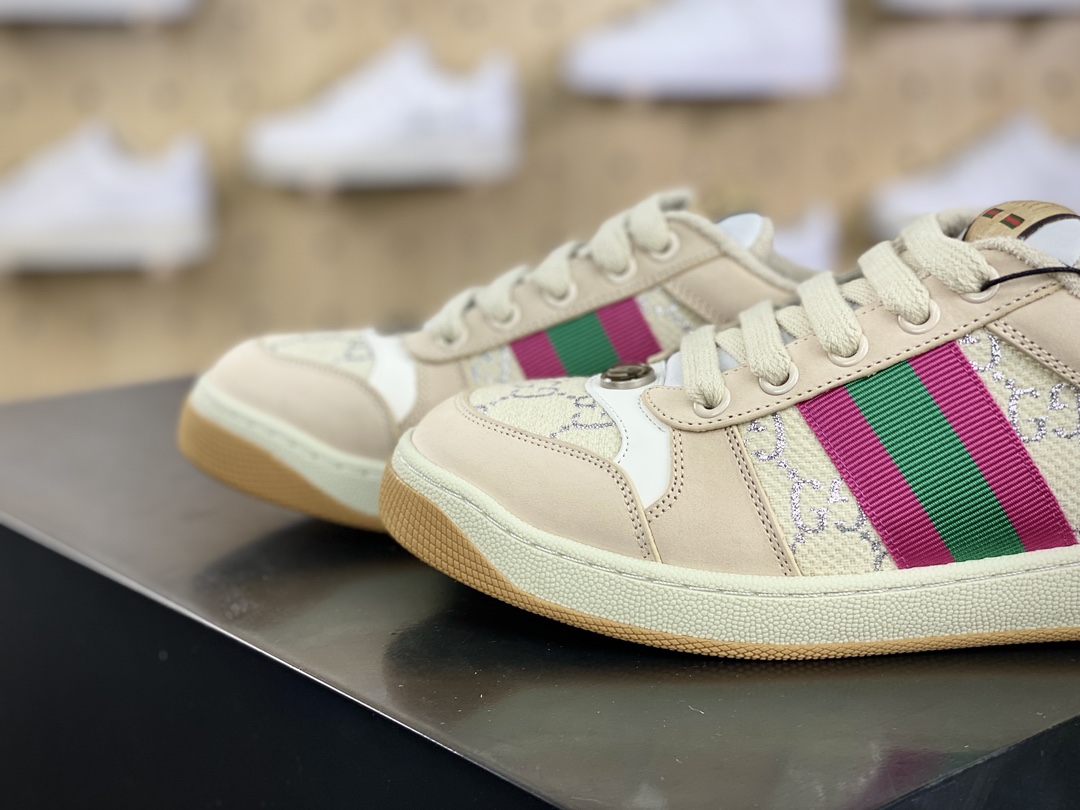 古驰Gucci Screener GG Sneaker Low 经典原型系列板鞋“皮革米白粉绿GG金银丝线”577684 2C830 9150