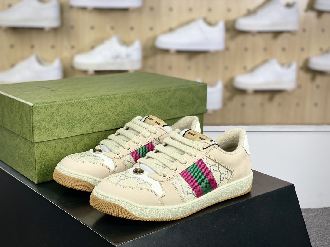 古驰Gucci Screener GG Sneaker Low 经典原型系列板鞋“皮革米白粉绿GG金银丝线”577684 2C830 9150