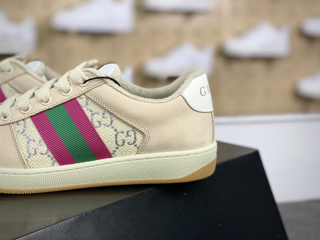 古驰Gucci Screener GG Sneaker Low 经典原型系列板鞋“皮革米白粉绿GG金银丝线”577684 2C830 9150