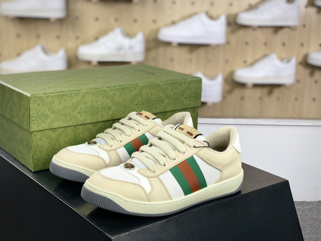 古驰Gucci Screener GG Sneaker Low经典原型系列休闲运动板鞋“皮革浅灰米白帆布绿红”577684 9PYQ0 9116