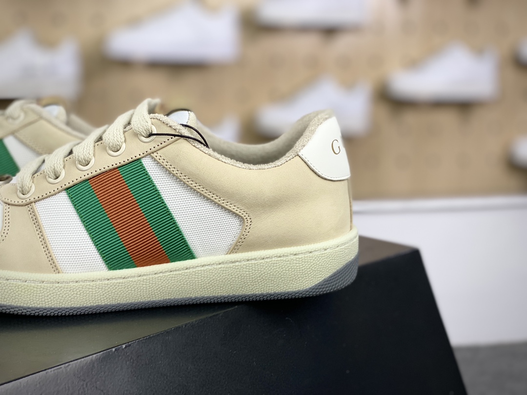 古驰Gucci Screener GG Sneaker Low经典原型系列休闲运动板鞋“皮革浅灰米白帆布绿红”577684 9PYQ0 9116