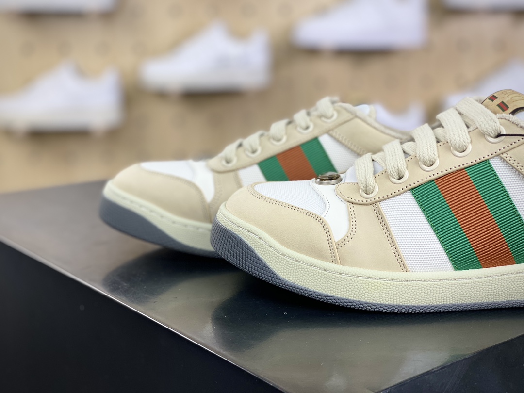 古驰Gucci Screener GG Sneaker Low经典原型系列休闲运动板鞋“皮革浅灰米白帆布绿红”577684 9PYQ0 9116