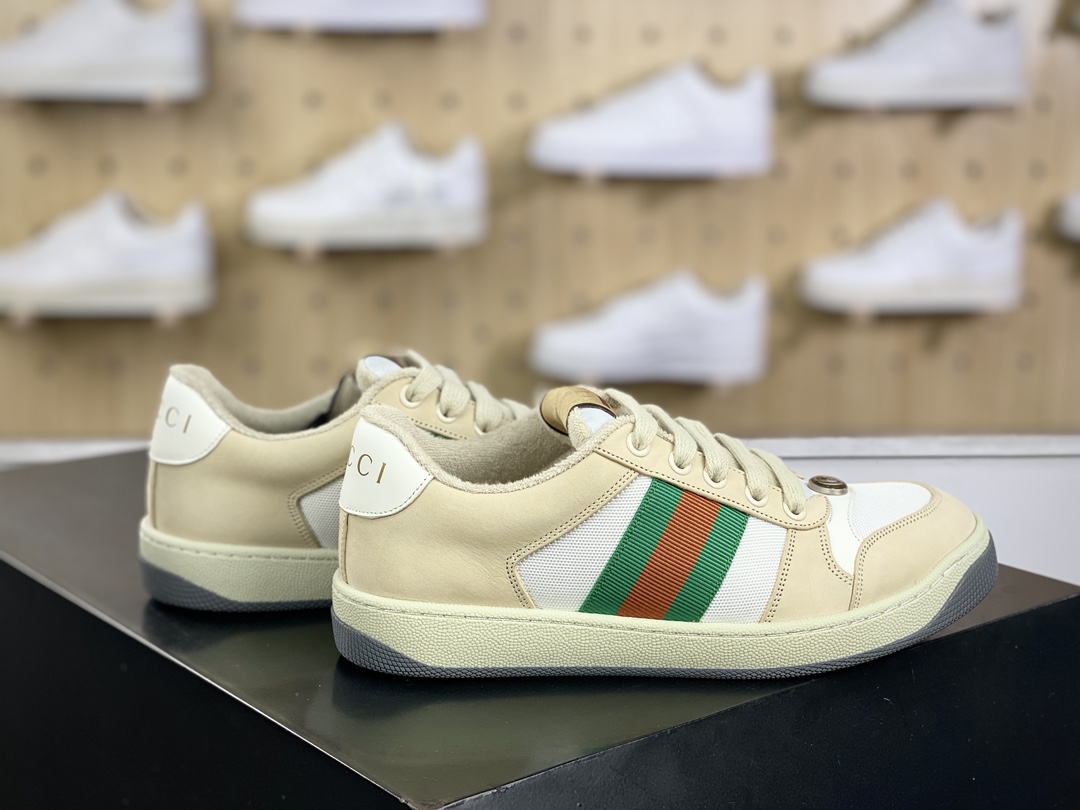 古驰Gucci Screener GG Sneaker Low经典原型系列休闲运动板鞋“皮革浅灰米白帆布绿红”577684 9PYQ0 9116