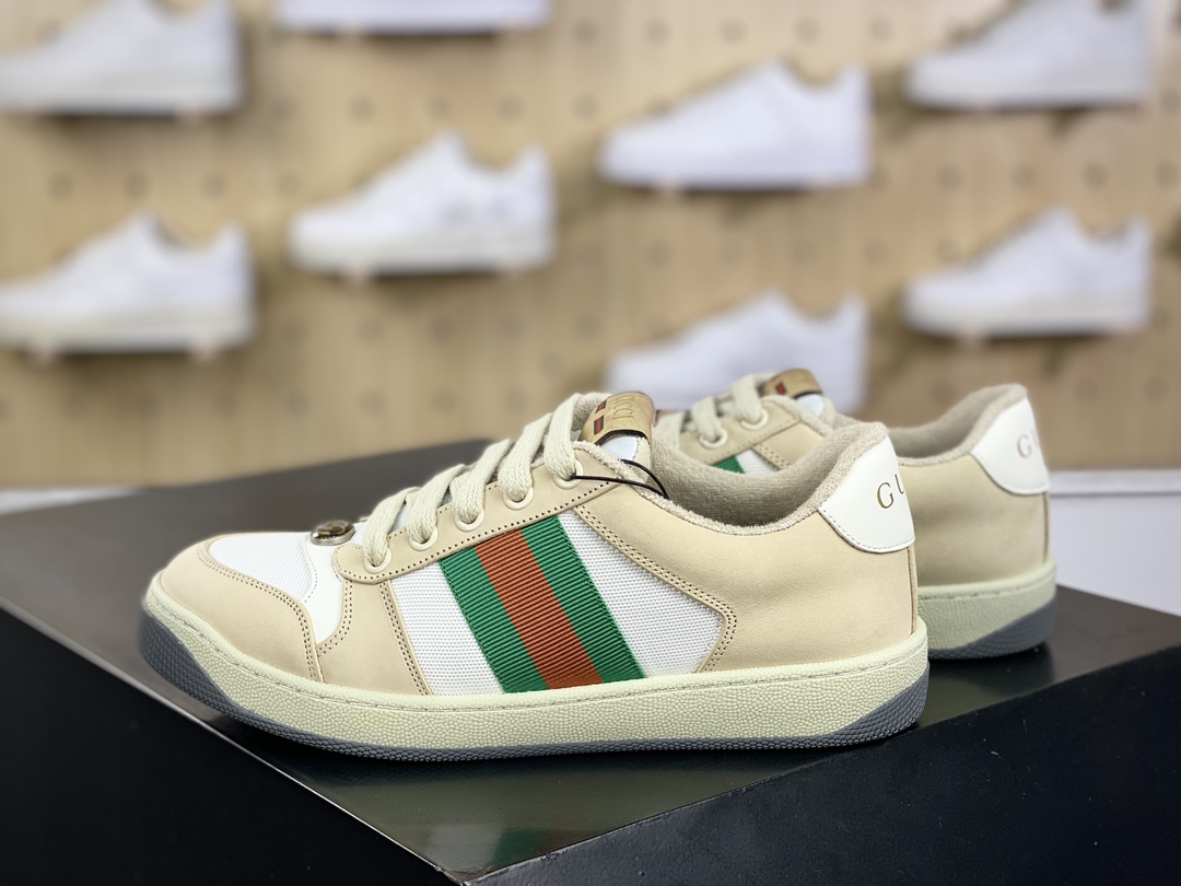 古驰Gucci Screener GG Sneaker Low经典原型系列休闲运动板鞋“皮革浅灰米白帆布绿红”577684 9PYQ0 9116