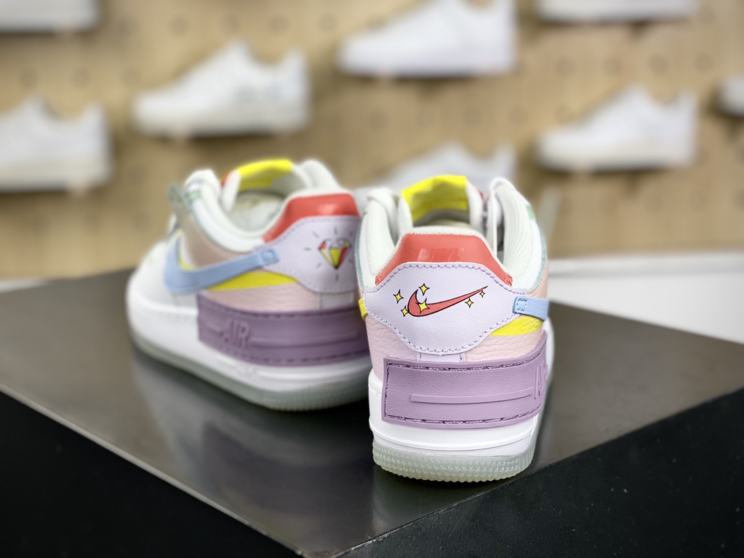 200 耐克Nike WMNS Air Force 1 Shadow"White/Purple/Yellow"空军一号板鞋"皮革拼接糖果白蓝粉紫水晶底"CW2630-141