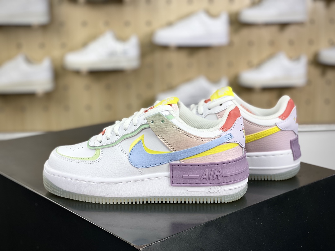 200 耐克Nike WMNS Air Force 1 Shadow"White/Purple/Yellow"空军一号板鞋"皮革拼接糖果白蓝粉紫水晶底"CW2630-141