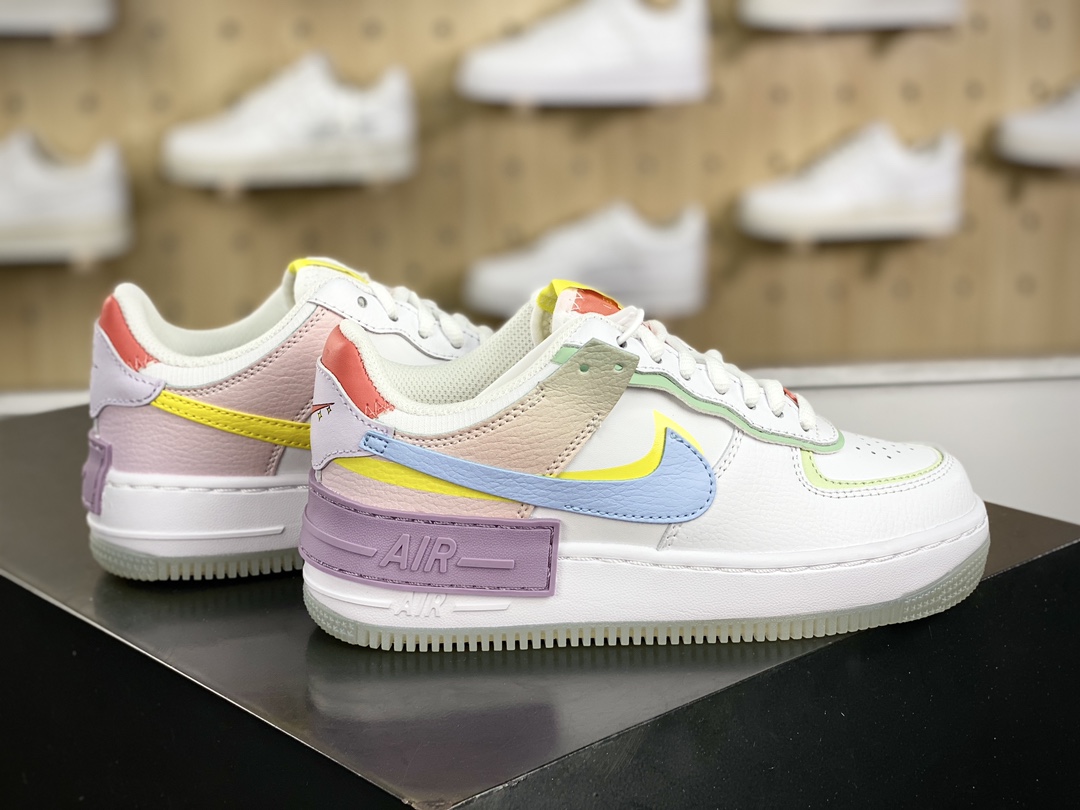 200 耐克Nike WMNS Air Force 1 Shadow"White/Purple/Yellow"空军一号板鞋"皮革拼接糖果白蓝粉紫水晶底"CW2630-141