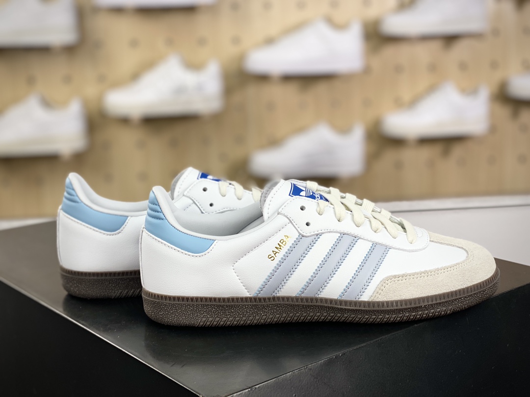 160 阿迪达斯/三叶草Adidas Originals Samba OG桑巴舞板鞋“皮革白灰浅蓝生胶底”ID2055