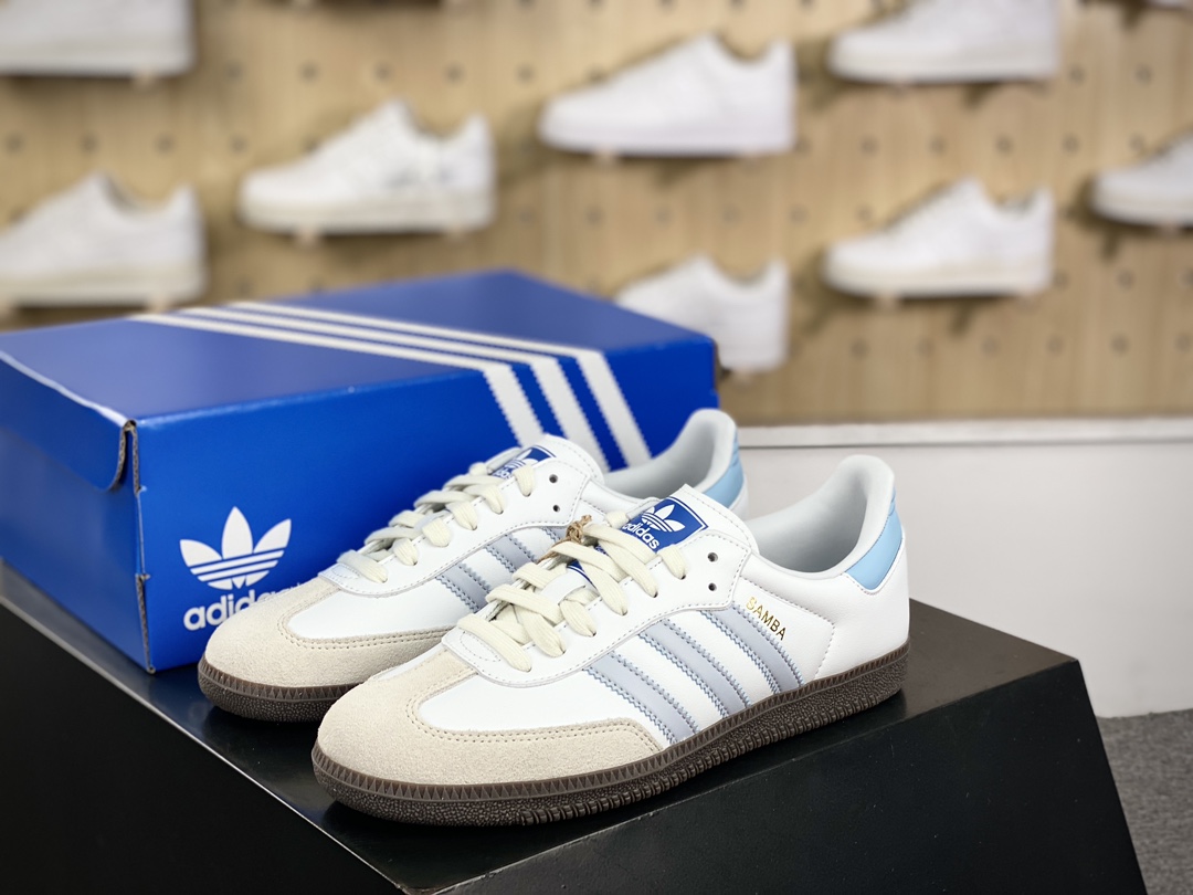 160 阿迪达斯/三叶草Adidas Originals Samba OG桑巴舞板鞋“皮革白灰浅蓝生胶底”ID2055