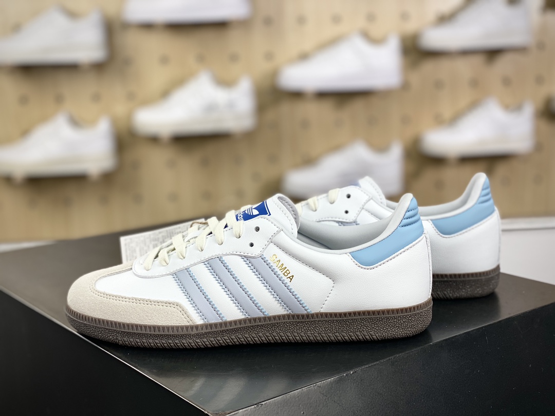 160 阿迪达斯/三叶草Adidas Originals Samba OG桑巴舞板鞋“皮革白灰浅蓝生胶底”ID2055