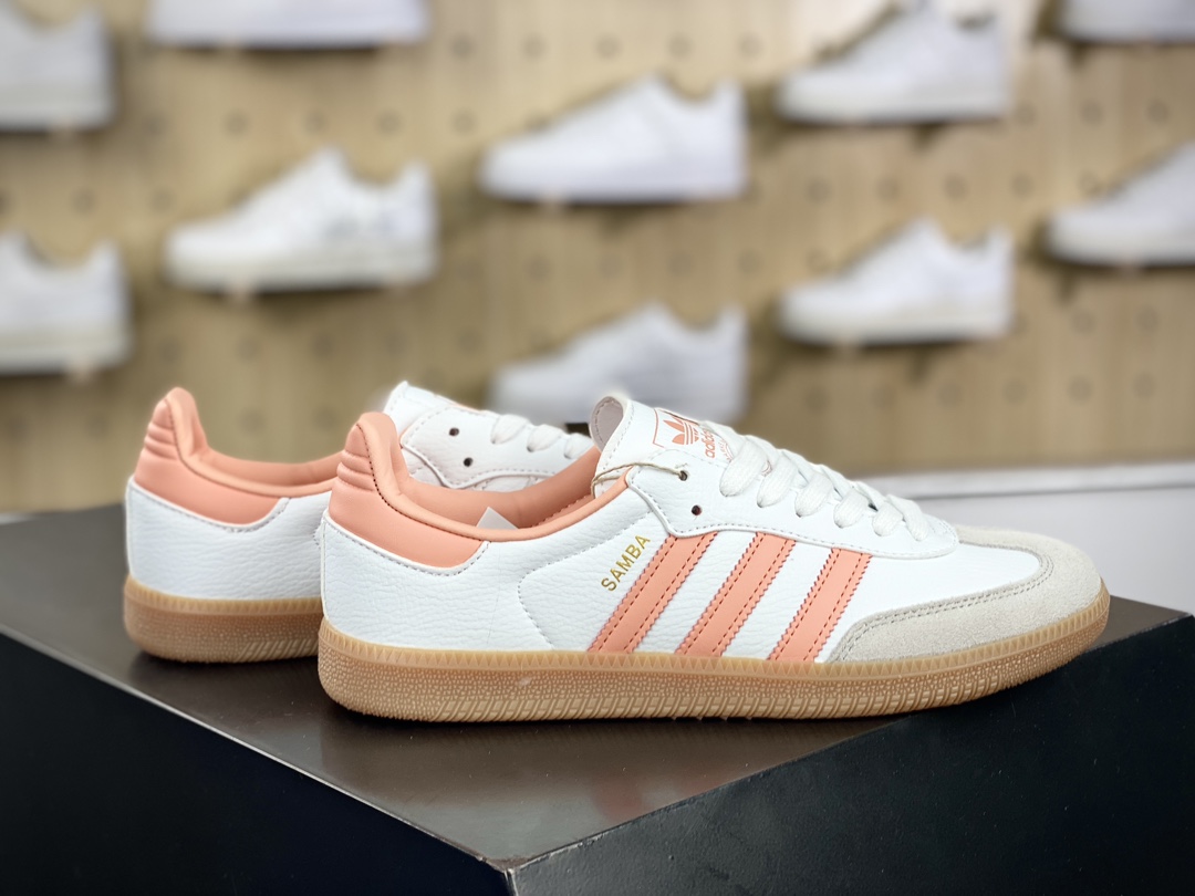 120 三叶草Adidas Originals Samba OG"White/Peach Pink/Gum"桑巴舞板鞋“皮革白浅灰橘粉生胶底”IG5932