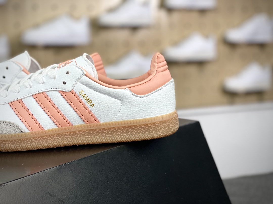 120 三叶草Adidas Originals Samba OG"White/Peach Pink/Gum"桑巴舞板鞋“皮革白浅灰橘粉生胶底”IG5932