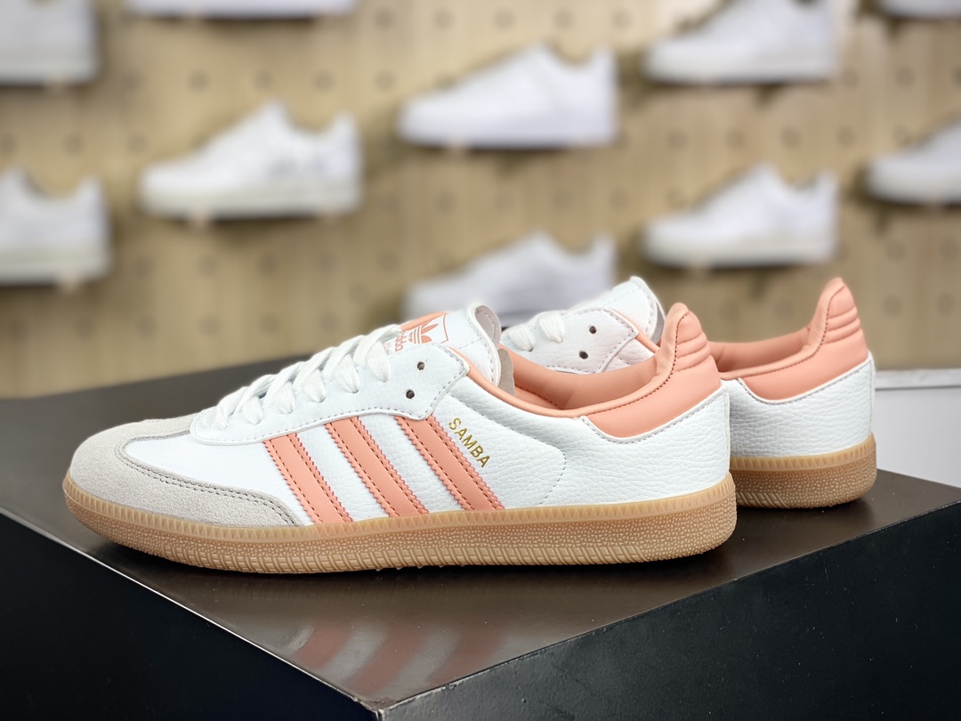 120 三叶草Adidas Originals Samba OG"White/Peach Pink/Gum"桑巴舞板鞋“皮革白浅灰橘粉生胶底”IG5932