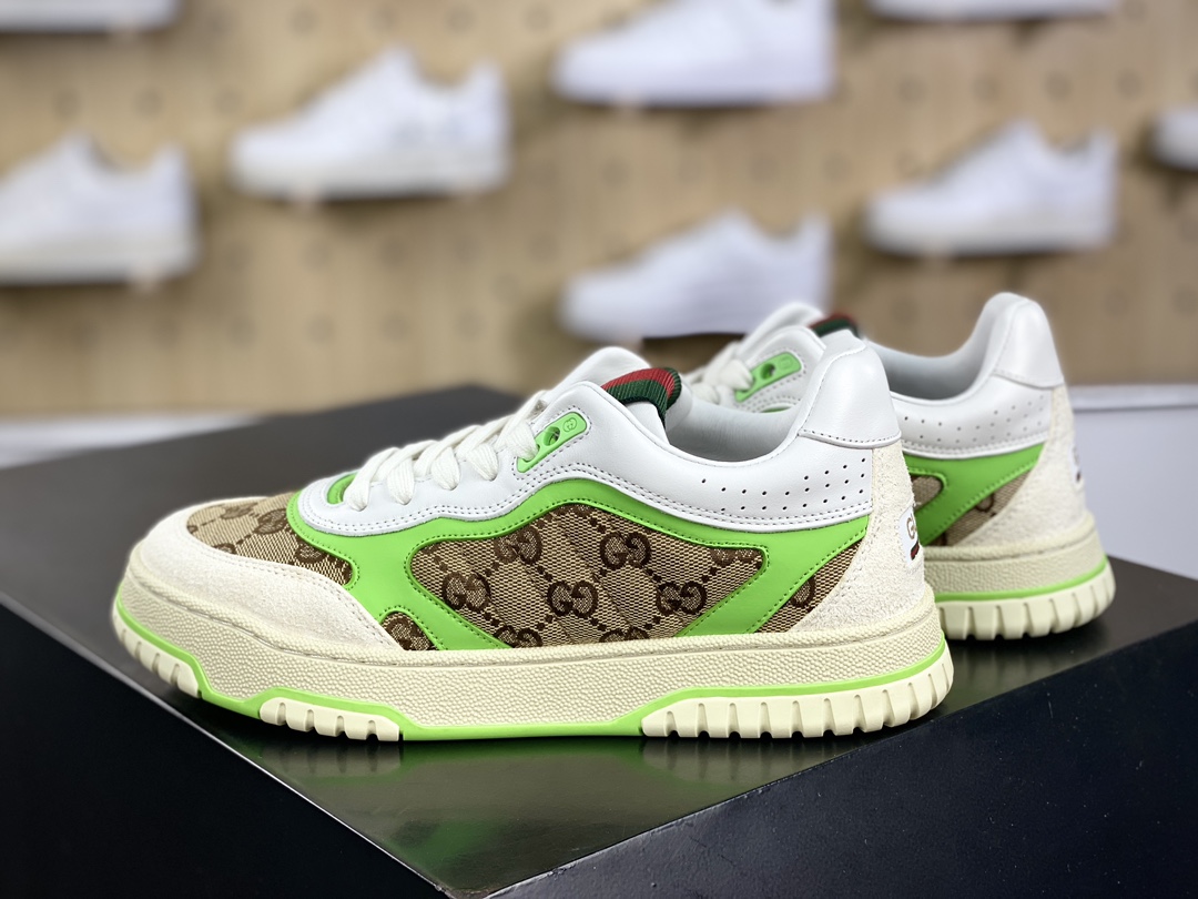 450 古驰Gucci Re-Web Leather Sneakers 系列低帮复古小白板鞋“GG布乌木棕白荧光绿红绿标牌”787476 AADHW 9571